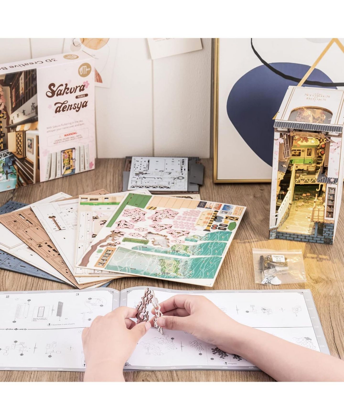 Детские игрушки Robotime 3D Jigsaw Puzzle Wooden Model Kit Book Nook Bookend Stand DIY Bookshelf Insert, 7.28"3.94"9.53, цвет: Розовый — фото 7