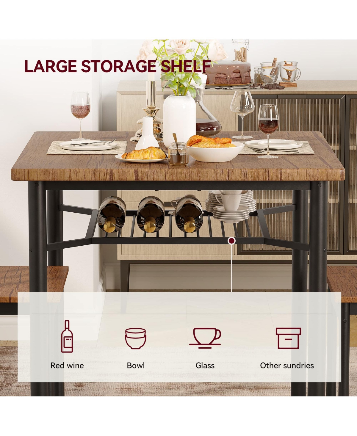 gaomon Rectangular Table Dining Table Set for 2,3 Piece Kitchen Table with Lowe Storage Rack & Built-in Wine Rack