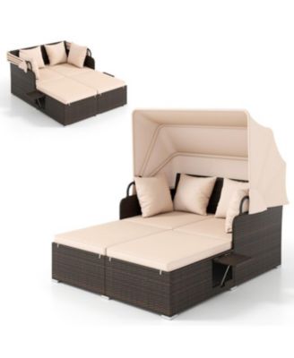Outdoor Rattan Daybed with Canopy Shade and Side Table Storage