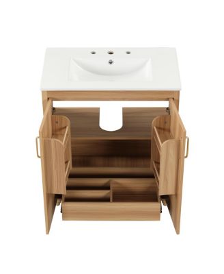 30" Bathroom Vanity with Ceramic Sink, Natural Solid Wood & MDF Cabinet, Adjustable Shelf, Drawer Storage for Modern Bathrooms-Sillysis