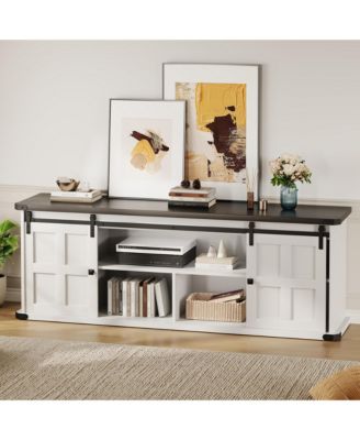 Farmhouse TV Stand for 75 Inch TV, Entertainment Center with Storage Cabinets and Sliding Barn Doors