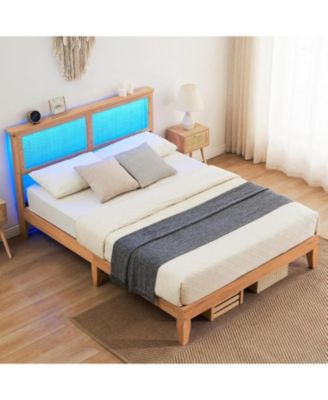 Rattan Bed Frame Wood Headboard LED Lights Wooden Slats Noise-Free Easy Assembly No Box Spring.