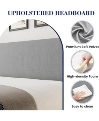 Full Upholstered Platform Bed Wingback Headboard Velvet 2 Storage Pockets Wooden Slat Support Box Spring Optional