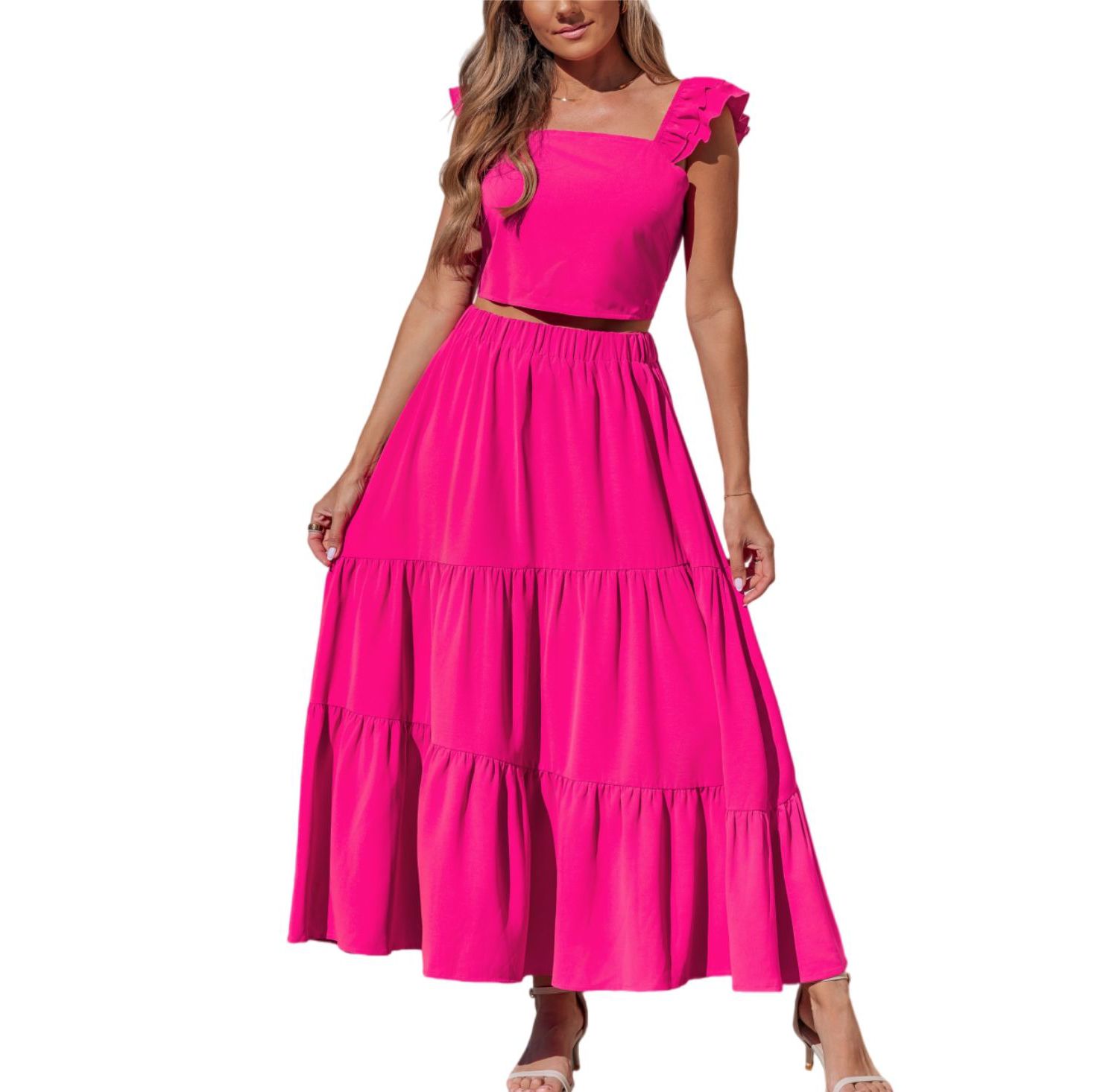Women's Square Neck Ruffle Trim Matching Sets