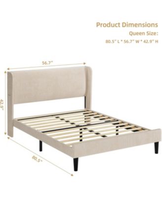 Queen Upholstered Platform Bed Wingback Headboard Velvet 2 Storage Pockets Wooden Slat Support Box Spring Optional
