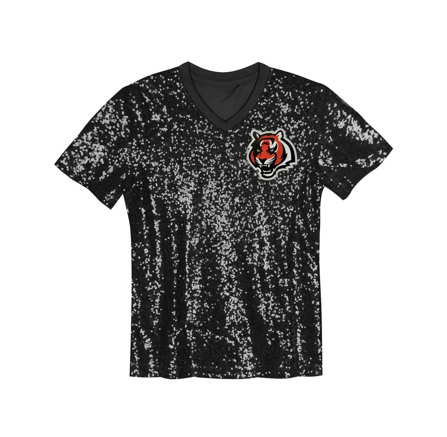 Big Girls Black Cincinnati Bengals Wordmark Sequin V-Neck Top