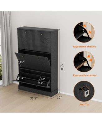 Shoe Cabinet with 3 Flip Drawers Modern Fluted Cabinet with Adjustable Shelves Freestanding Wooden Shoe Organizer for Entryway Hallway