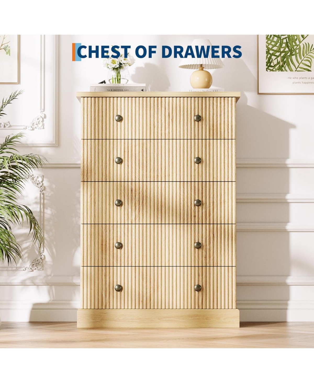 gaomon 5 Drawer Tall Dresser for Bedroom, Fluted Vertical Chest of Drawers, Wood Storage Dresser with Metal Handles