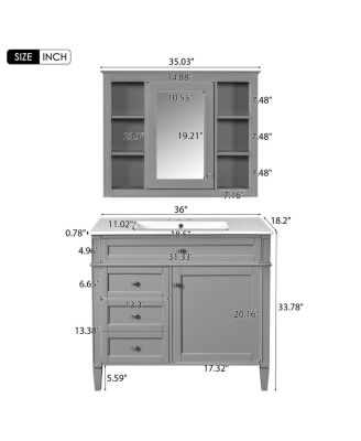 36" Bathroom Vanity with Sink and Mirror, Modern Freestanding Solid Wood MDF Cabinet, 3 Drawers 2 Doors for Large Storage