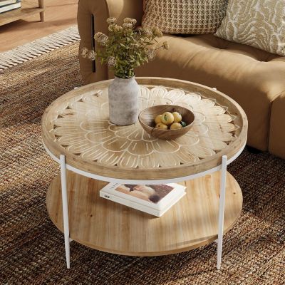 Solid Wood Round Coffee Table, 31.5'' Boho Center Tea Table