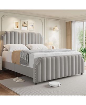 Queen Platform Bed Upholstered Headboard Footboard Strong Wooden Slats No Box Spring Required Light