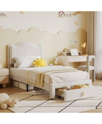 Twin Upholstered Bed Frame 2 Storage Drawers Velvet Princess Platform Double Wavy Headboard Wood Slats No Box Spring