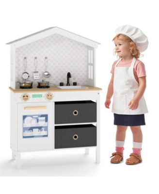 Kids Play Kitchen Toy with 2 Stoves & Rotating Knobs, Wooden Pretend Play Set
