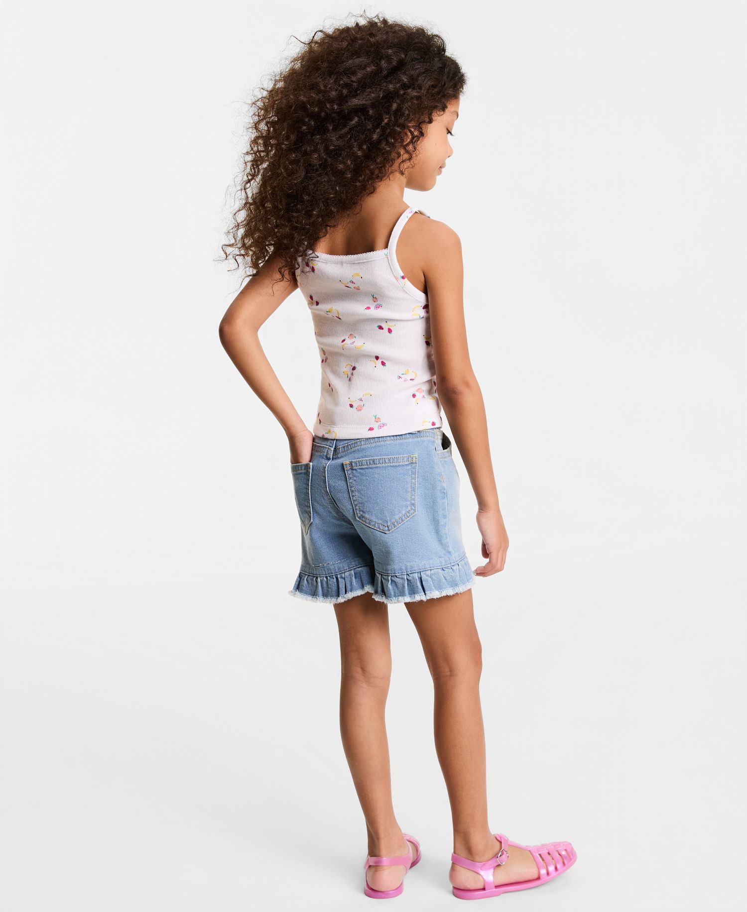Girls' 5-20 Ruffle-Hem Denim Midi Shorts