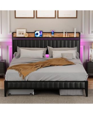 Queen Bed Frame with Charging Station, LED Bed Frame with Storage Headboard, Upholstered Platform Bed Frame, No Box Spring Needed