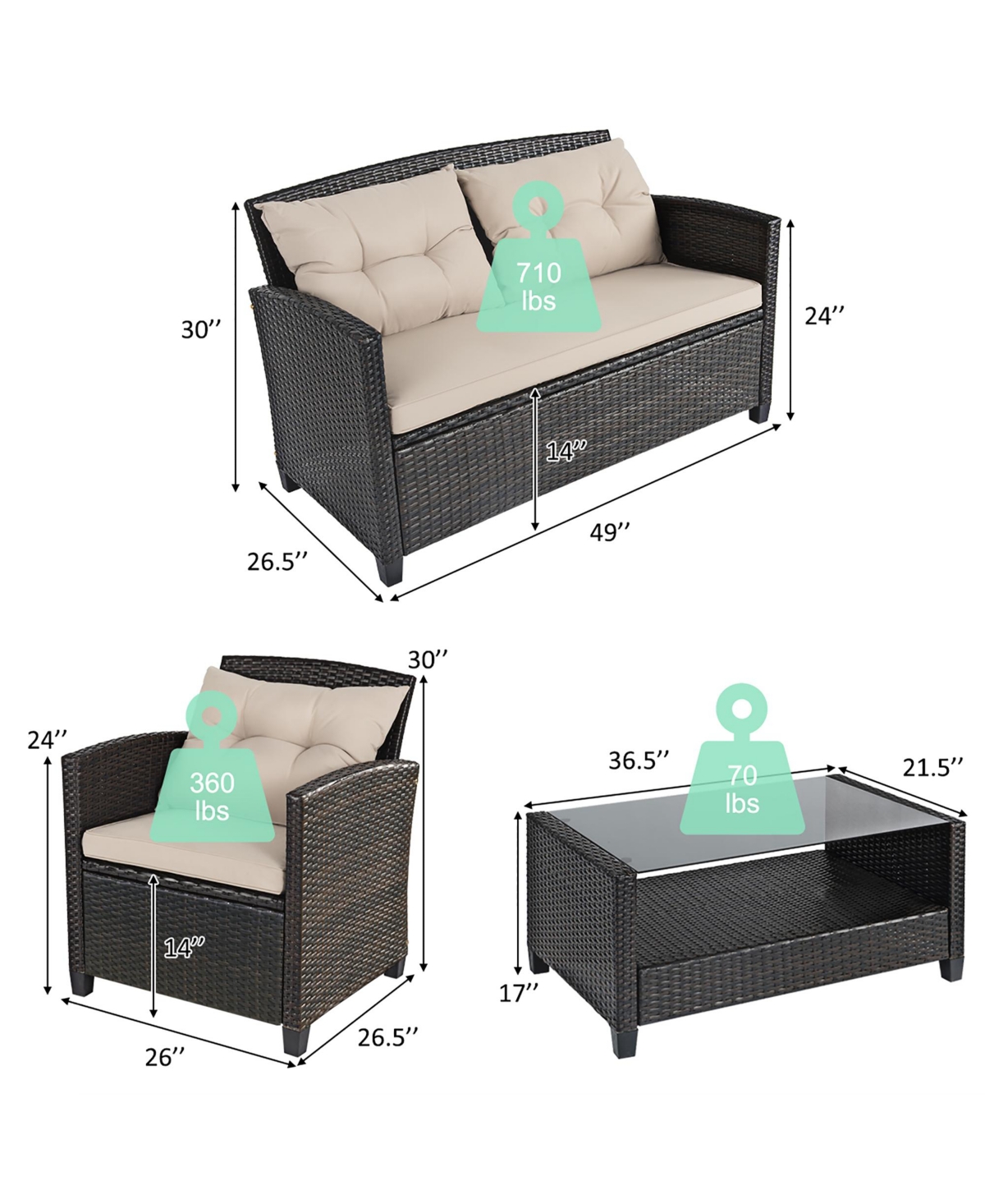 Costway 4PCS Outdoor Rattan Furniture Set Cushioned Sofa Armrest Chair Lower Shelf