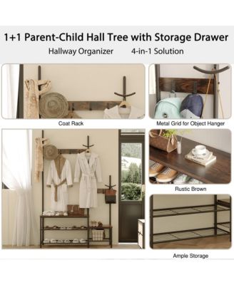 Coat Rack with Shoe Storage Bench with High and Low Seat Design and 6 Hooks for Entryway, Hallways