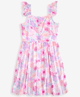 Girls' XS-XL Tropical Floral-Print Button Dress