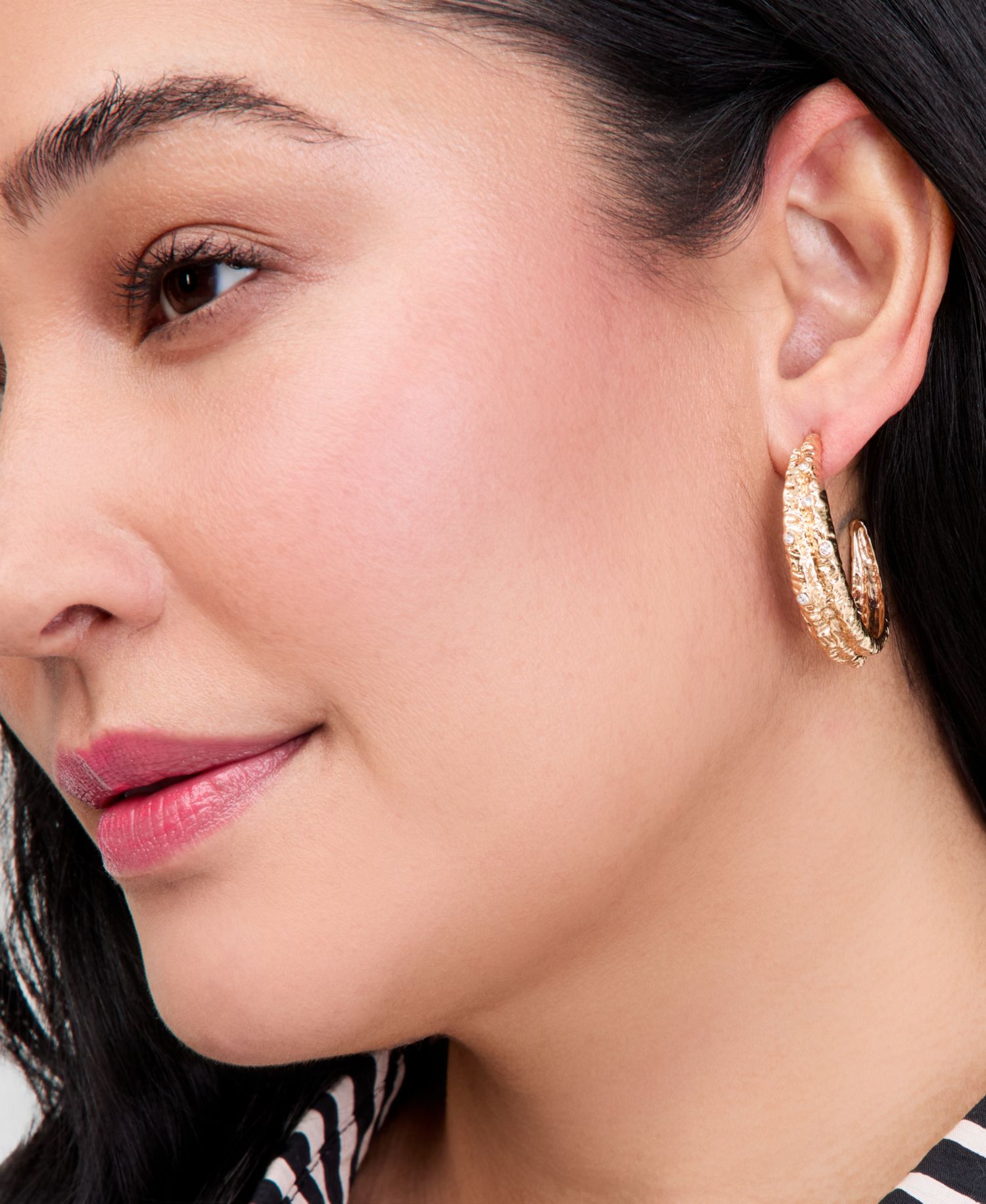 Medium Pav&eacute; Textured C-Hoop Earrings, 1.49"