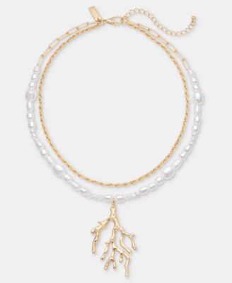 Pav&eacute; & Imitation Pearl Coral Layered Pendant Necklace, 16-1/2" + 3" extender