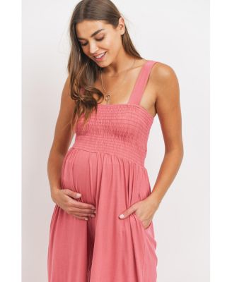 Maternity Sleeveless Smocked Bodice Wide-Leg Jumpsuit with Pockets