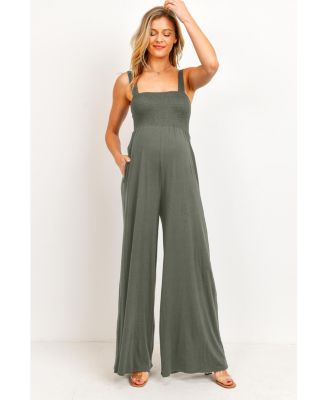 Maternity Sleeveless Smocked Bodice Wide-Leg Jumpsuit with Pockets