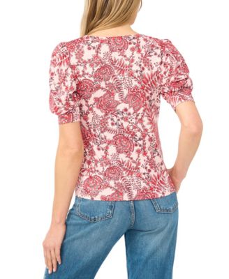 Women's Crew Neck Shirred Short-Sleeve Blouse