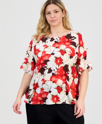 Plus Size Floral-Print Half-Sleeve Top