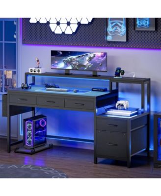 61" Modern Computer Lap Desk Table w/Storage Drawer, Monitor Stand, Charging Station, Side Pocket