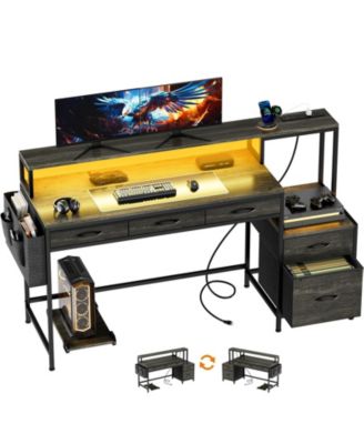 61" Modern Computer Lap Desk Table w/Storage Drawer, Monitor Stand, Charging Station, Side Pocket