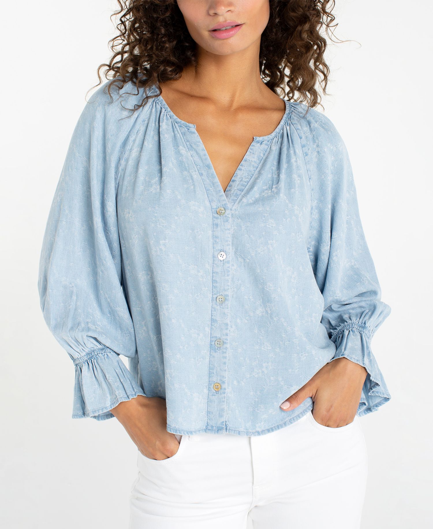 Petite Button-Front Shirred Woven Top