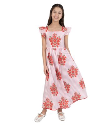 Girls' 7-16 Striped Block Print Flutter-Sleeves Maxi Dress