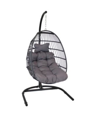 Outdoor Resin Wicker Patio Julia Hanging Basket Egg Chair Swing with Cushions, Headrest, and Steel Stand Set - 3pc