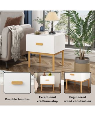 Modern Minimalist Nightstand, White Bedside Table with Drawer, Handle and Wood Legs for Bedroom, Living Room, or Apartment