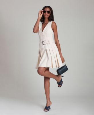 Women's V-Neck Belted Pleated Mini Dress