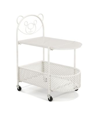 2-Tier Mobile Glass Coffee Table w/ Bear Pattern Storage Basket Transparent