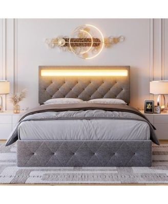 Full Bed Frame with Charging Station and LED Lights, Upholstered Adjustable Headboard, Wood Slats