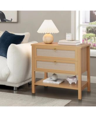 Rattan Nightstand Set of 2, Boho Nightstand with 2 Drawers and Storage Shelf