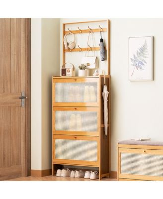 Bamboo Shoe Storage Cabinet, Freestanding Shoe Rack with 3 Rattan Flip Drawers and Coat Hooks for Entryway, Hallway, Closet, Living Room