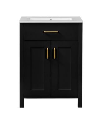 24" Bathroom Vanity with Ceramic Sink, Soft Close Doors, Flip-Top Drawer & Adjustable Shelf for Small Spaces