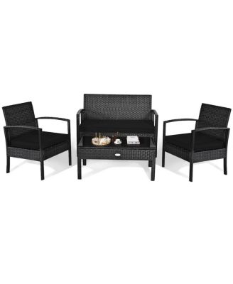 4 Pieces Outdoor Patio Rattan Furniture Set Cushioned Sofa Coffee Table Garden Deck