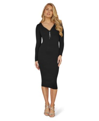 Women's Ribbed Zip-Neckline Fitted Midi Dress