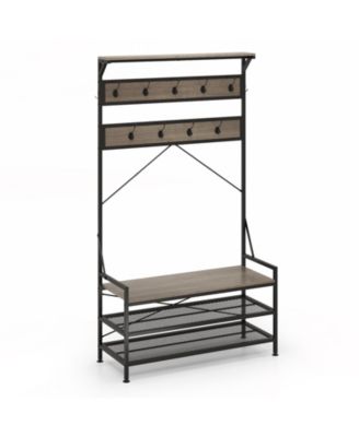 4-in-1 Hall Tree Coat Rack with 11 Hooks and Shoe Bench