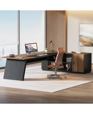 79-Inch Executive Desk, Large Office Desk with Cabinet, L-Shaped Compter Desk with Storage Shelves, Writing Table