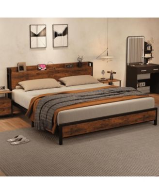 King Industrial Platform Bed Frame USB Charging Station 2-Tier Storage No Box Spring Retro Wood Finish Heavy Duty Metal Frame Headboard