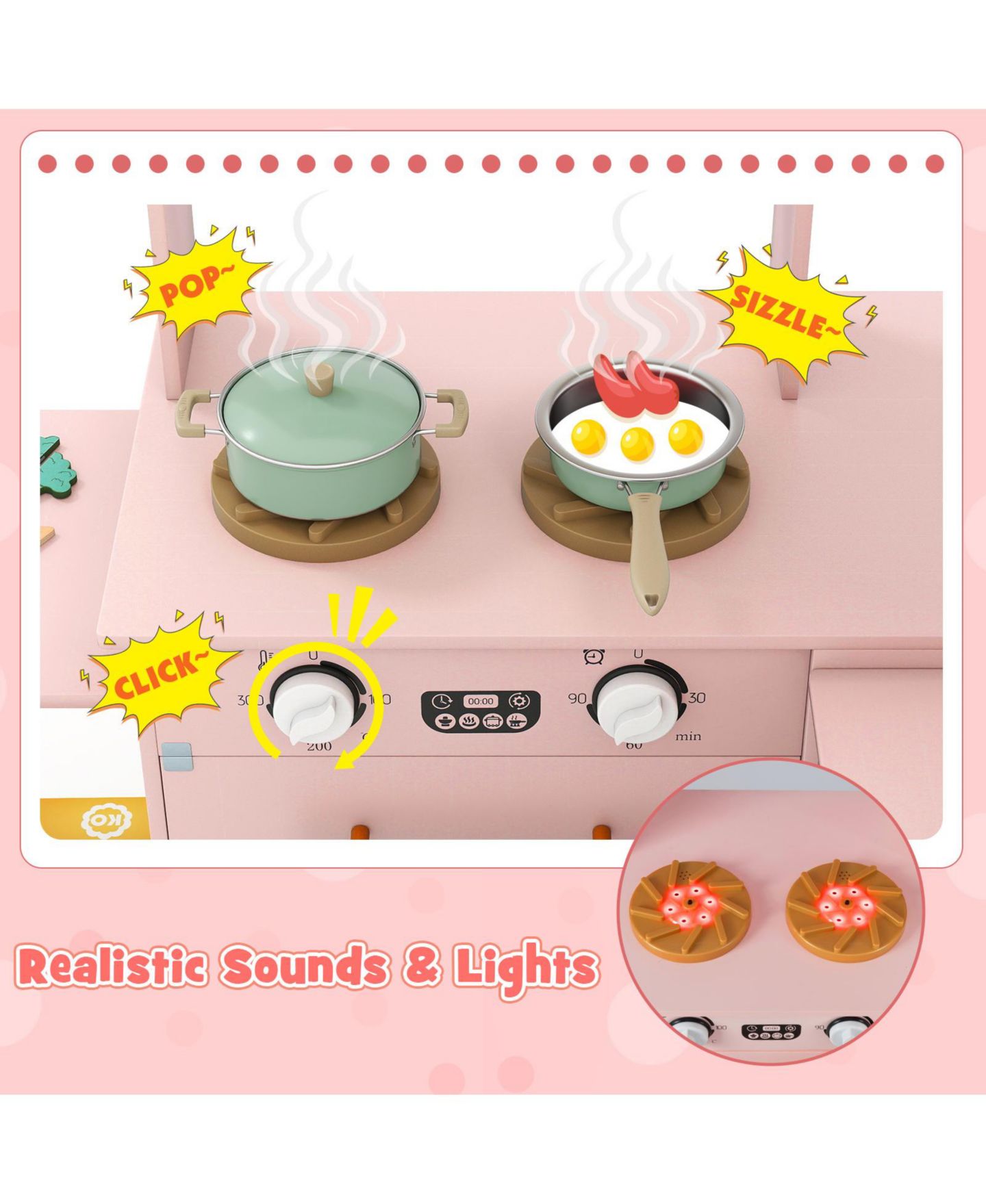 Детская игрушка Mecale Corner Wooden Kitchen with Lights & Sounds, Ages 3+, цвет: Розовый — фото 5
