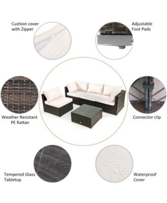 6PCS Patio Furniture Set Rattan Cushioned Sofa Gas Fire Pit Table