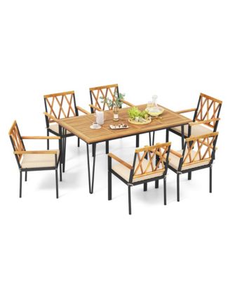 7 PCS Patio Dining Set With 2'' Umbrella Hole and Seat Cushions for Garden