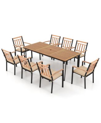 9 PCS Patio Dining Set w/ Rectangular Acacia Wood Dining Table 8 Cushioned Chairs