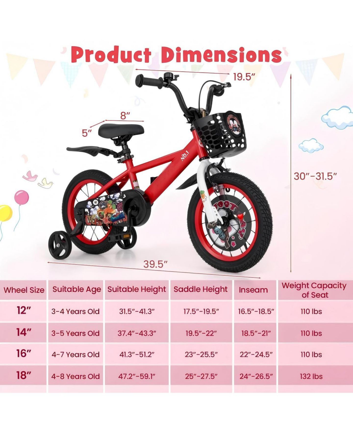 Детская игрушка HONGGE 14 Inch Kids Bike with Adjustable Seat, Storage Basket and Dual Brakes, Ages 3-5, цвет: Красный — фото 3
